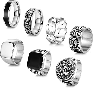 7Pcs Stainless Steel Vintage Signet Rings for Men Square Signet Rings Cuban Link Chain Ring Pinky Thumb Celtic Band Spinner Ring Silver Gold Polished Edge Mens Ring Biker Rings Set,Size 8-13