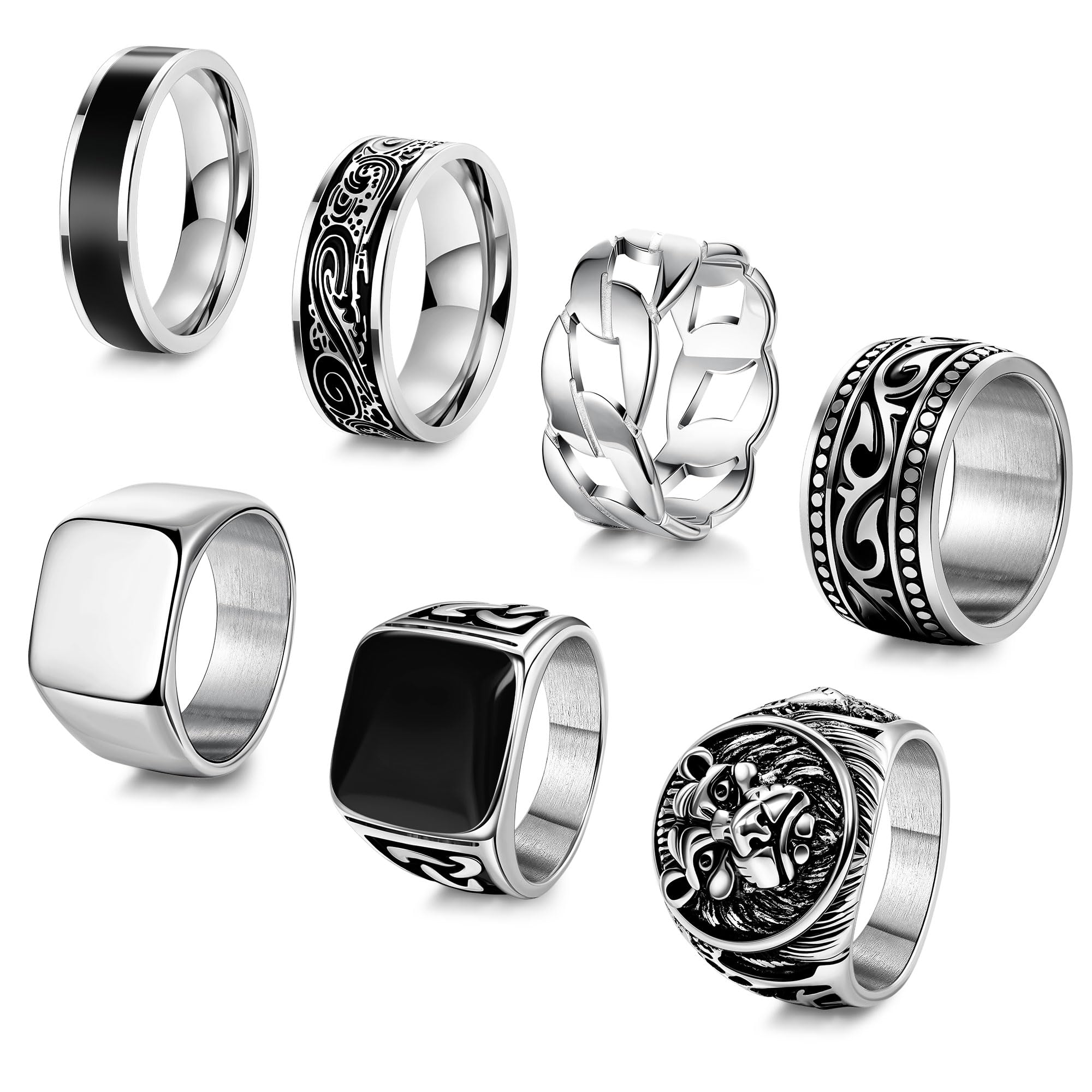7Pcs Stainless Steel Vintage Signet Rings for Men Square Signet Rings Cuban Link