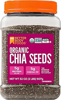 BBF Organic Chia Seeds 32 Oz, Omega-3 & Fiber, Pudding, Smoothies, Oatmeal | High Fiber Chia Seeds, Omega 3s, Plant-Based Protein, Overnight Oats, Egg Replacement for Baking, BetterBody Foods