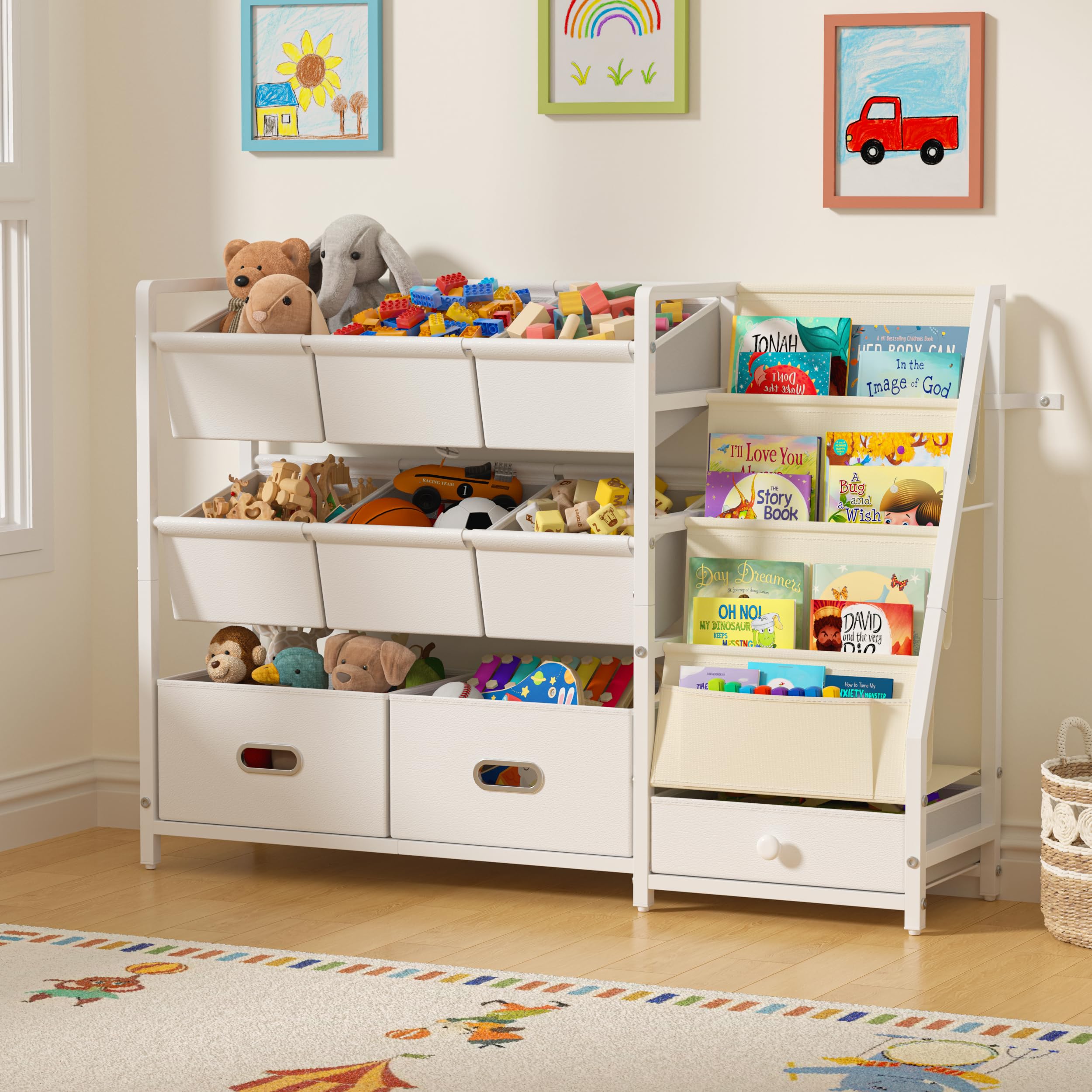Kids Toy Storage Organizer, Kids Bookshelf and Toy Storage with 9 Bins, Playroom