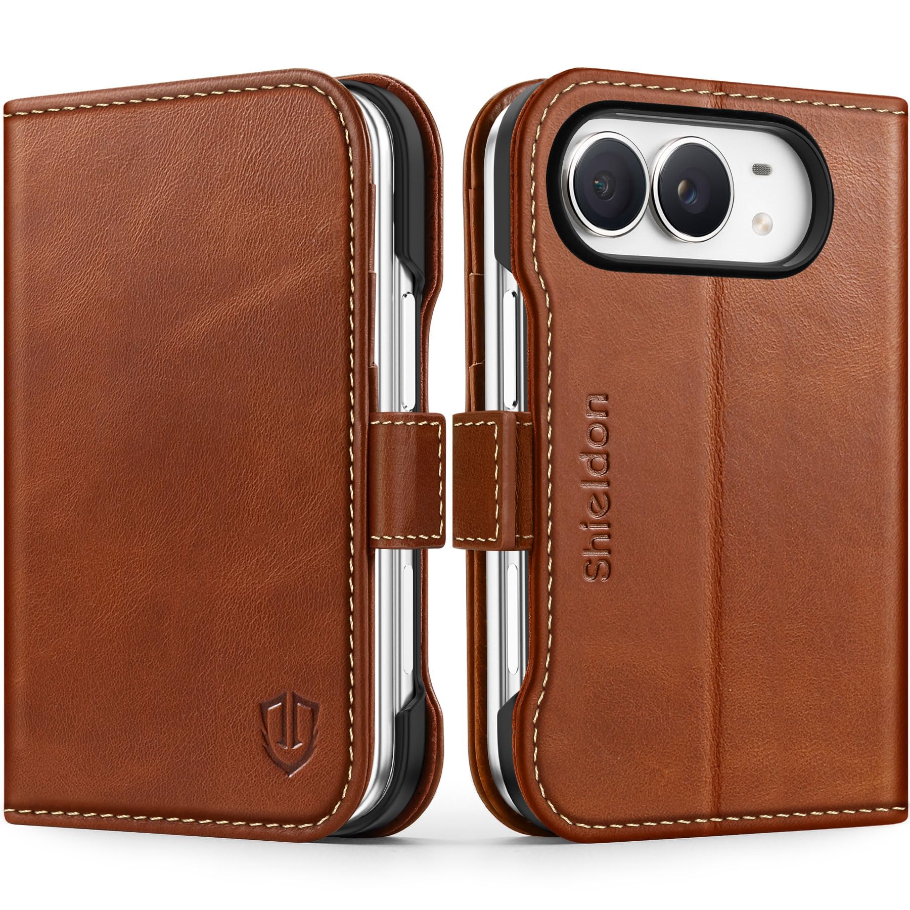 SHIELDON Genuine Leather Wallet Case for iPhone Duo 2026, Retro Brown | Magnetic