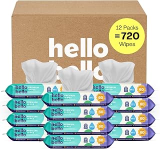 Hello Bello Premium Fragrance-Free Baby Wipes, with Chamomile &amp; Aloe Extracts for Sensitive Skin - 12 Resealable Packs = 720 Total Wipes