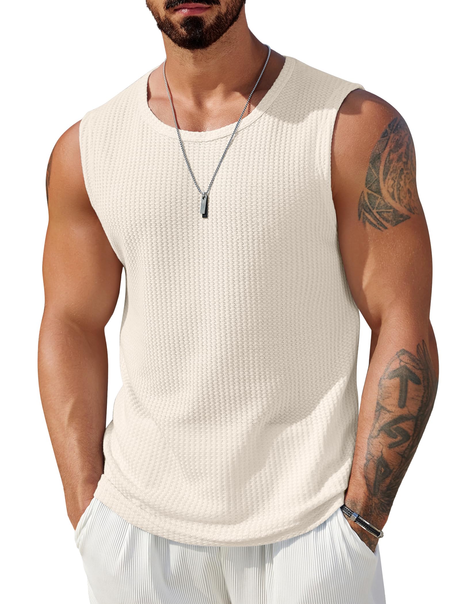 COOFANDY メンズ カジュアル タンクトップ 2パック ワッフルニット ノースリーブ シャツ 通気性タンクトップ 夏 マッスルTシャツ