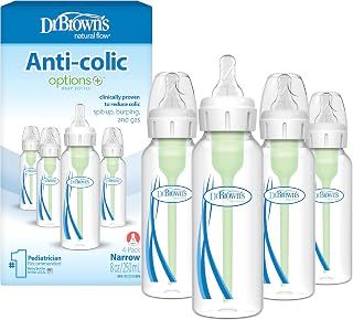 Dr. Brown's Anti-Colic Options+ Narrow Baby Bottle, Clear, 8 oz, 4-Pack | Clinically Proven to Reduce Colic, Pack of 4 Baby Bottles with Level 1 Slow Flow Nipples, 0m+, BPA-Free