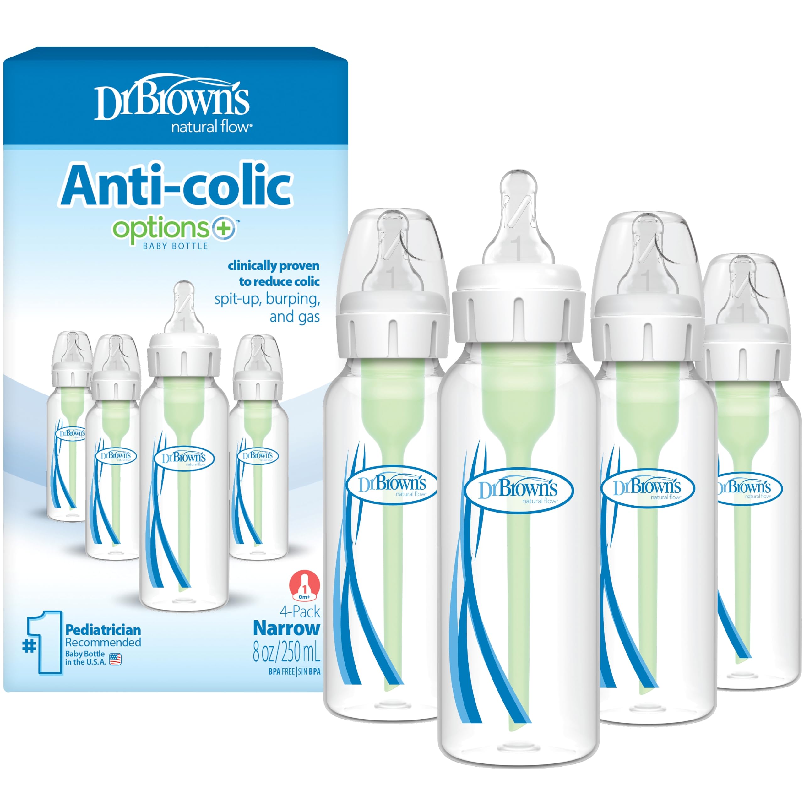 Dr. Brown's Anti-Colic Options+ Narrow Baby Bottle, Clear, 8 oz, 4-Pack | Clinic