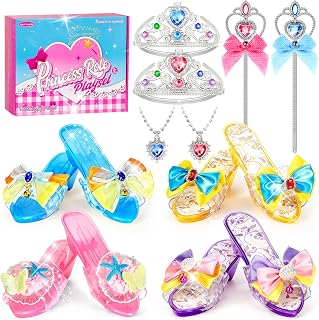Princess Dress Up Shoes Set, Princess Shoes Toys Gift for Girls Aged 3-6 | Pretend Play Dress Up Toys with Princess Necklace, Crown and Wand Set for Little Girls Birthdays, Christmas Gift Toys Set