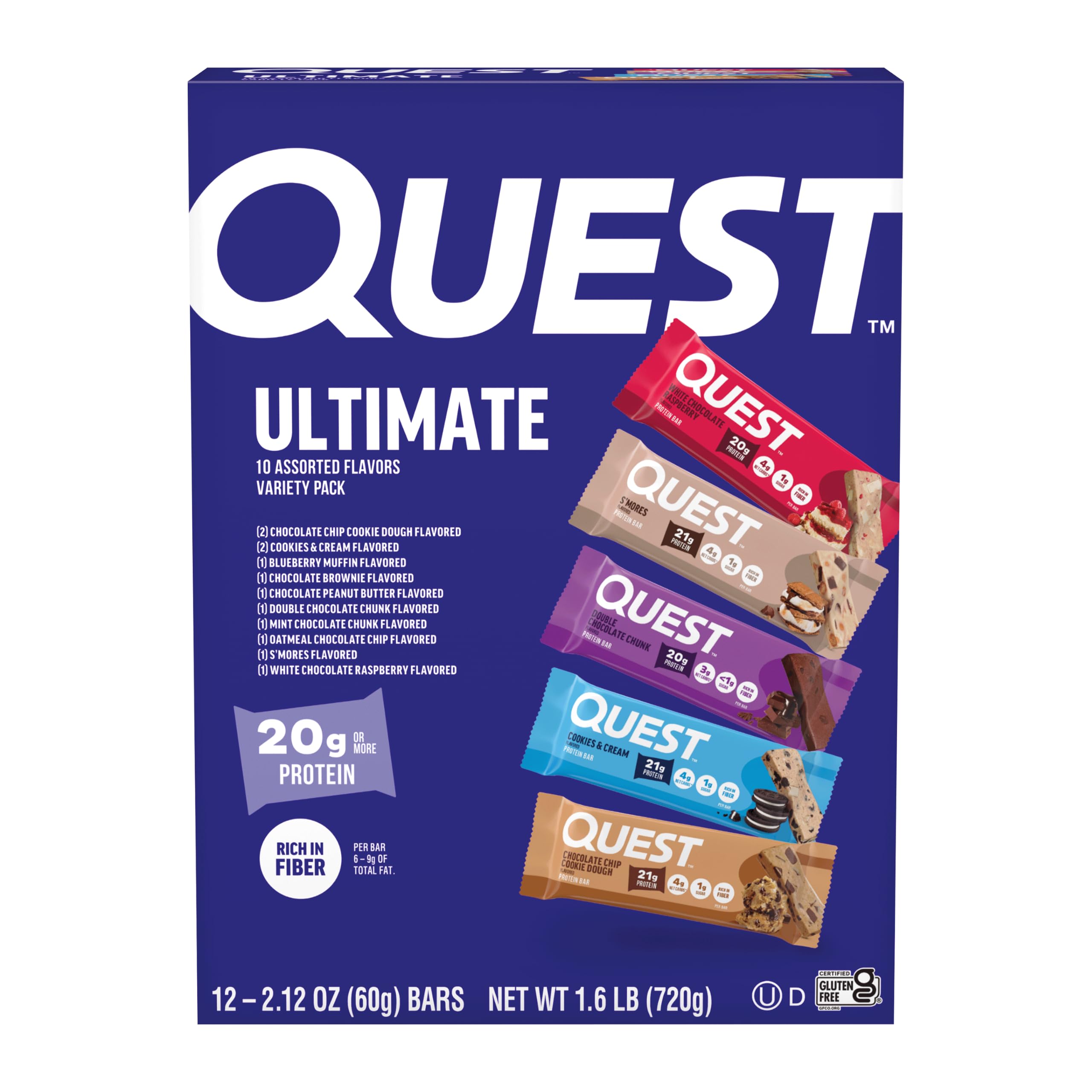 Quest Nutrition Ultimate Variety Pack Protein Bars, High Protein, Low Carb, Glut