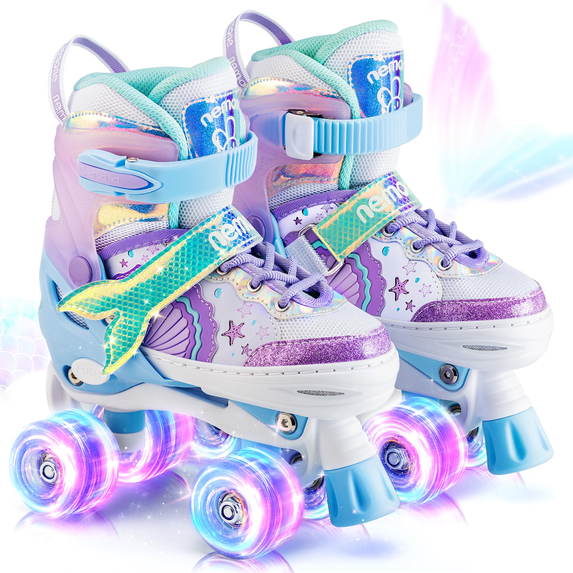NEMONE Mermaid Adjustable Roller Skates for Girls Kids Toddlers