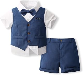 Volunboy Outfits for Baby Boys Wedding Ceremony, Summer Set of Vest, Shirt, Bow Tie, Shorts 4 Pieces