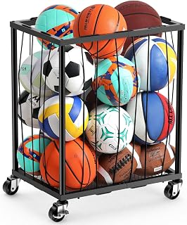 TomCare Garage Ball Storage Rack, Rolling Sports Cart with Lockable Wheels | Elastic Cord Design, 120 lbs Load Capacity, Easy Assembly, Stores 12-15 Balls, Suitable for Home Gyms and Outdoor Spaces