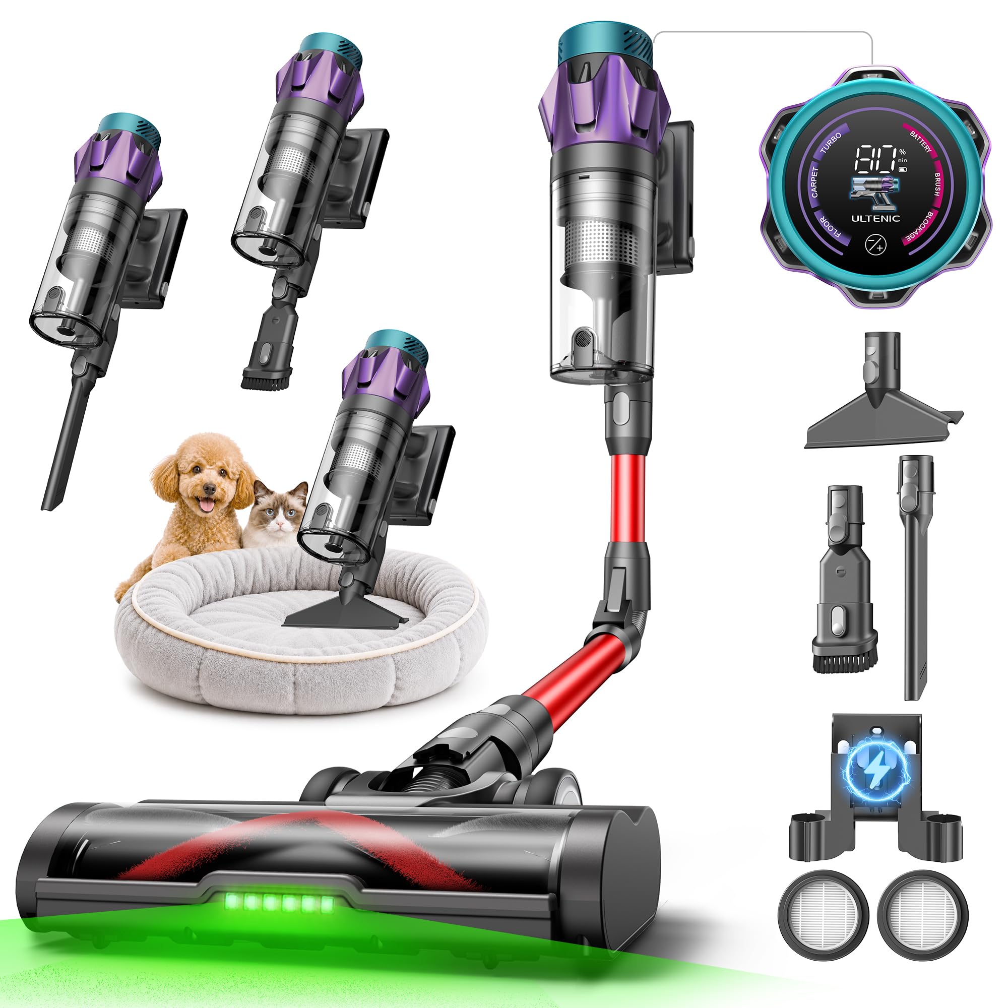 Ultenic Cordless Vacuum Cleaner, 55KPA/650W/80Mins, Cordless Stick Vacuum with 1