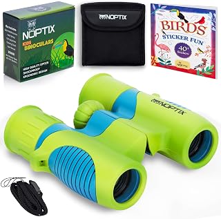 Binoculars for Kids - Vibrant Green Blue - Real Kids Binoculars Ages 4-8 | Real 8x21 Optics, Soft Rubber Grip for Small Hands, Includes 40-Bird Sticker Book, Toddler Binoculars, Outdoor Gifts for Boys