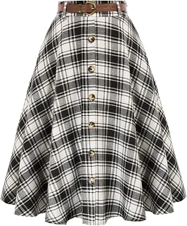 Belle Poque Women's Plaid A-line Skirt Vintage Pleated Flared Midi Skirts Fall Winter Skirts with Pockets & Belts