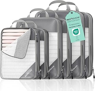 NICOSHOW 6 Set Compression Packing Cubes, Compressible Travel Packing Cubes Travel Essentials, Luggage Organizers for Carry-on Suitcase, Travel Bag Organizer, Grey