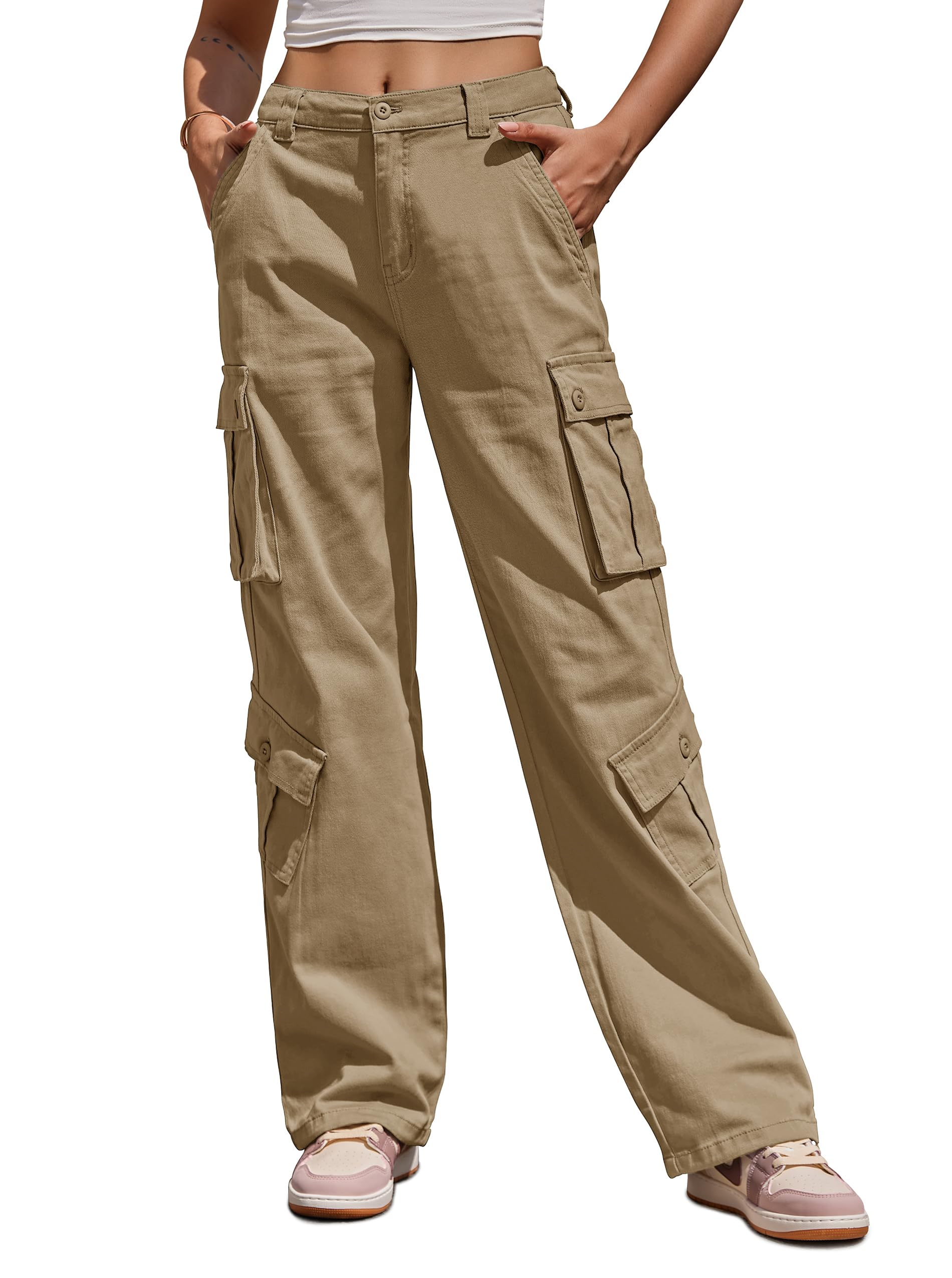 ZMPSIISA Cargo Pants Women High Waisted Wide Leg Trousers 8 Pockets