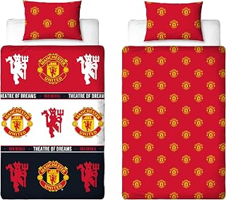 MANCHESTER UNITED FC Official Single Duvet Cover Set, Patch Design, Red Reversible 2 Sided Football Bedding Cover Official Merchandise Including Matching Pillow Case