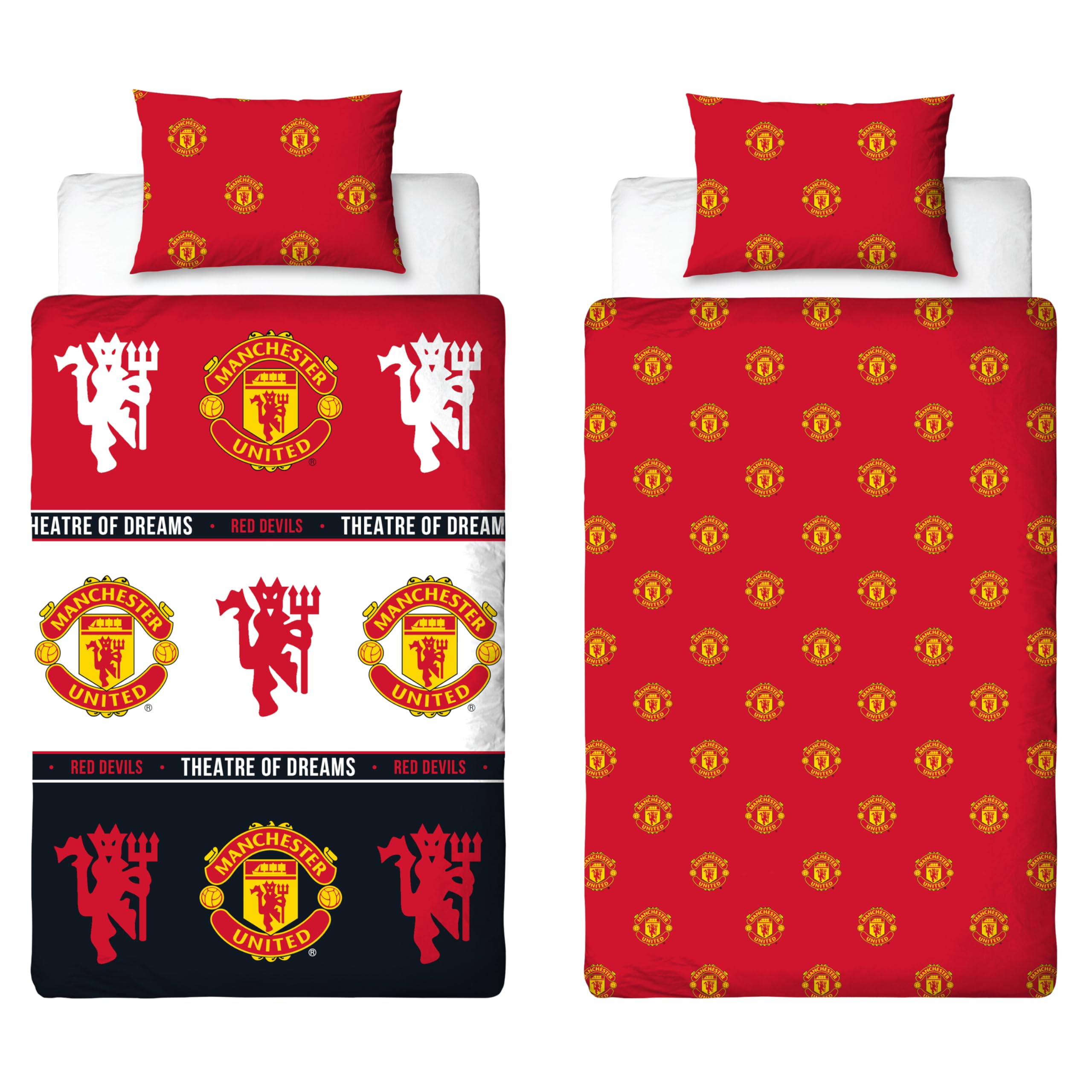 MANCHESTER UNITED FC Official Single Duvet Cover Set, Patch Design, Red Reversib