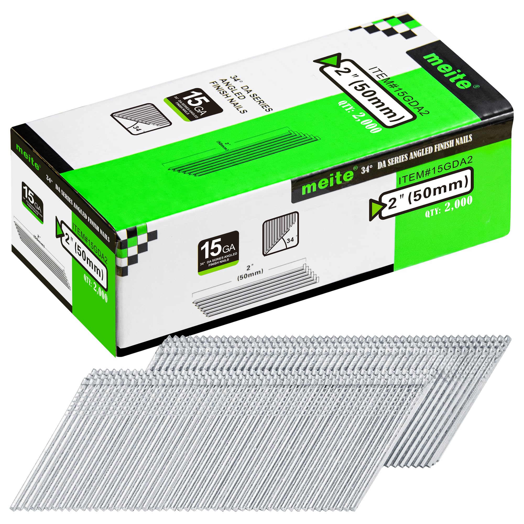 meite 15 Gauge Angled Finish Nails 2 Inch 34 Degree Galvanized 2,000PCS | For 15