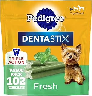 Pedigree Dentastix Small & Toy Breed Dental Dog Treats, Fresh, 102 Count | Triple action dental care, reduces tartar buildup, cleans teeth, freshens breath, for dogs 7-22 lbs, no added sugar/fillers