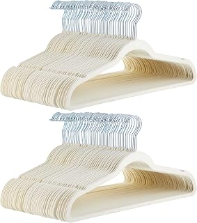 Amazon Basics Slim Velvet Non-Slip Space Saving Suit Clothes Hangers for Closet Organization, Ivory/Beige, 100-Pack