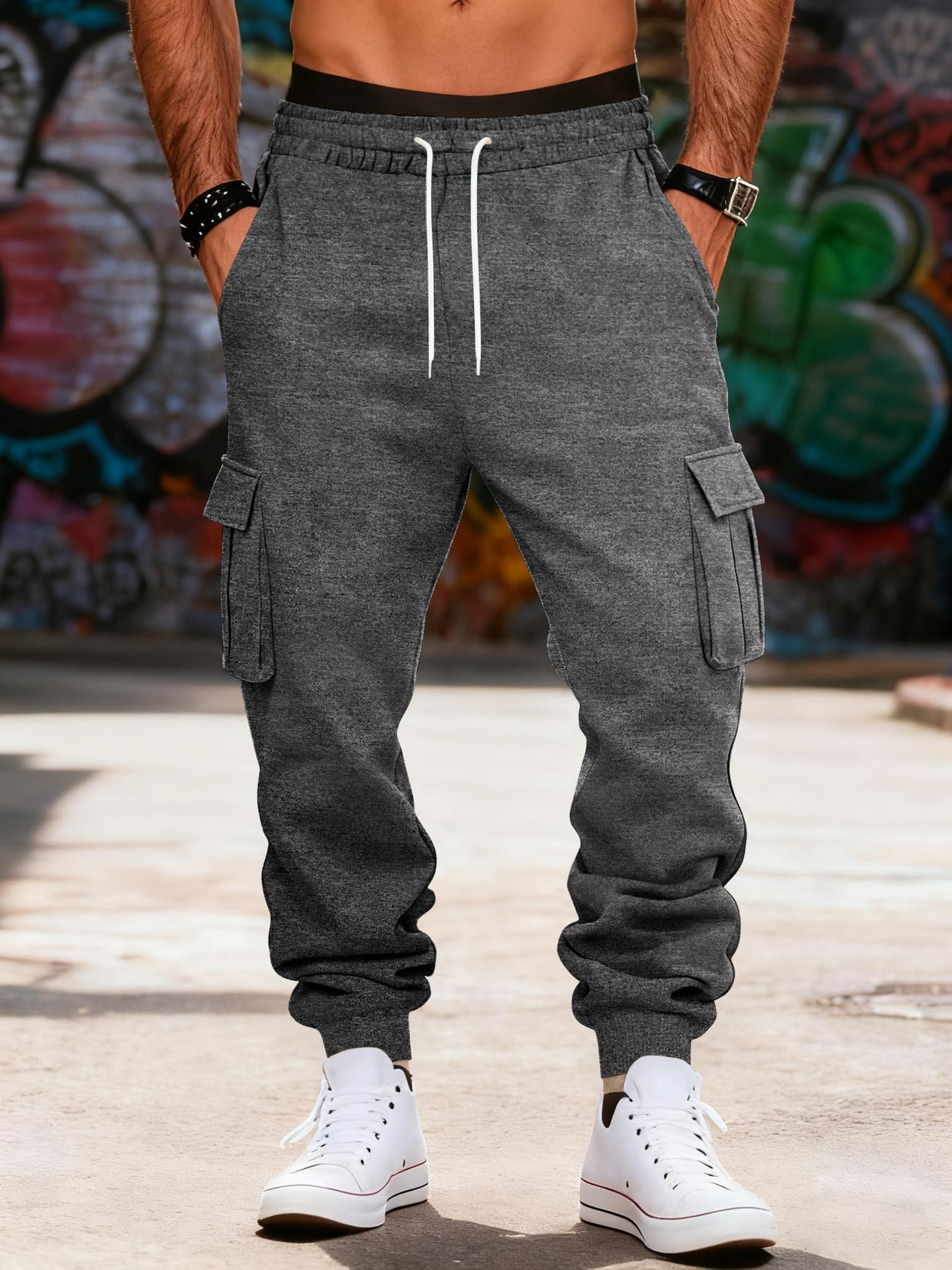 Mens Fleece Cargo Sweatpants Heavyweight Elastic Waist Pants with Pockets Baggy 