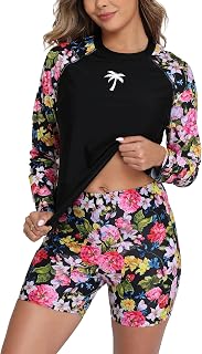 Halcurt Women's Long Sleeve 2 Piece Rash Guard Built in Bra Swimsuit Set