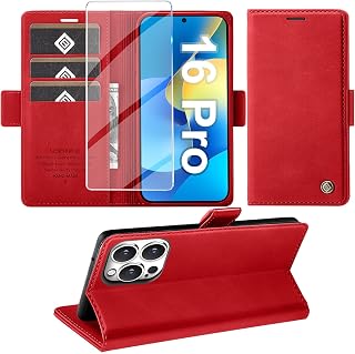 Giyer Cover for iPhone 16 Pro Case with Tempered Glass, Premium PU Wallet RFID Card Slot Anti-Theft Function Stand Flip Case, Shockproof for iPhone 16 Pro 5G Cover (Red)