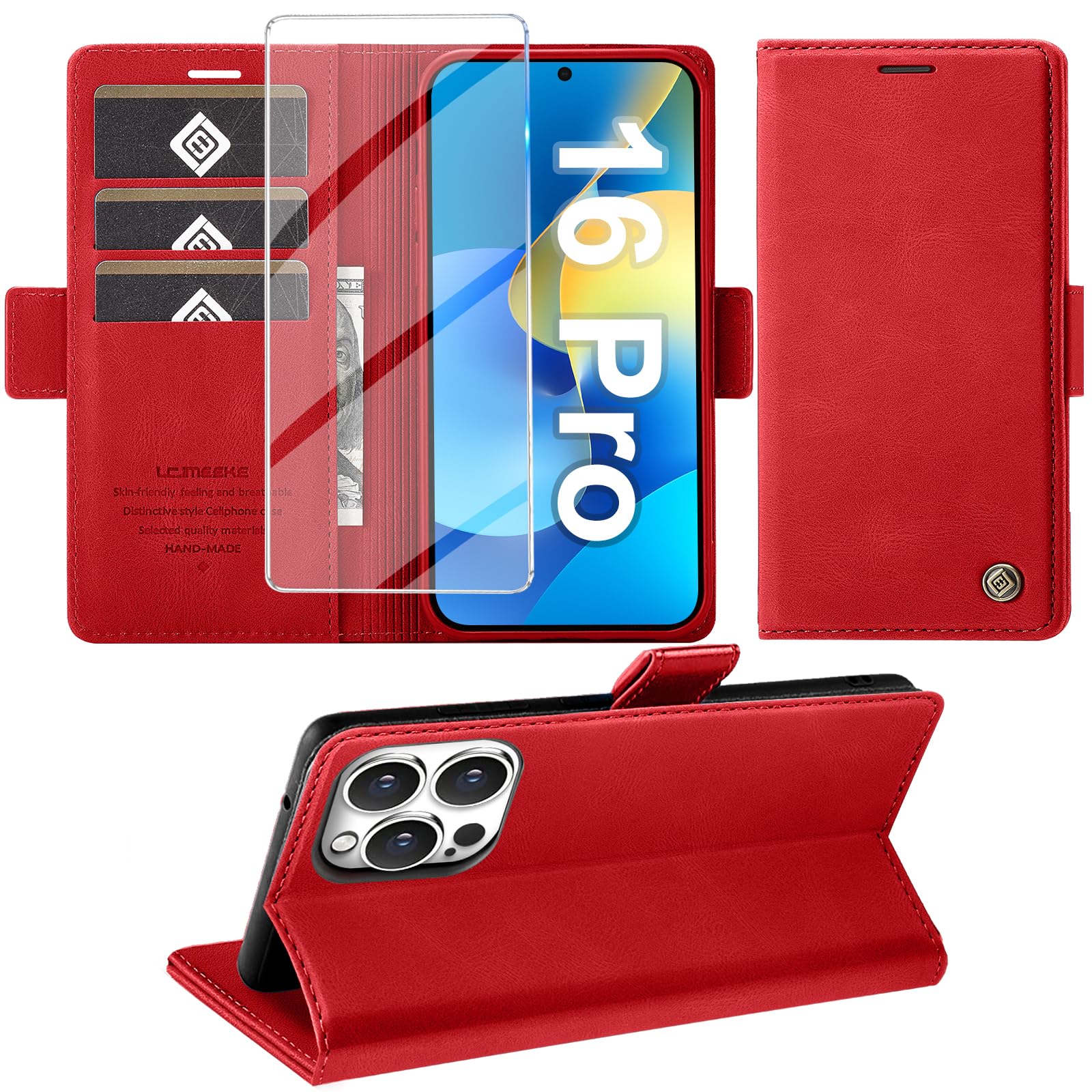 Giyer Cover for iPhone 16 Pro Case with Tempered Glass, Premium PU Wallet RFID C