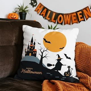 Halloween Pillow Case 18x18 Inches - 1 Throw Pillow Cover for Home Decor & Outdoor Decoration, Printed for Happy Halloween Witch, Castle, Black Cat, Pumpkin, Bat and Sofa