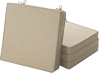 Fitfree Outdoor Chair Cushions, Water-Resistant & Fade-Resistant, Patio Furniture Square Seat Replacement Chair Pads with Ties, Removable Cover, Non-Slip Bottom, Set of 4, 19 x 19 Inch, Natural
