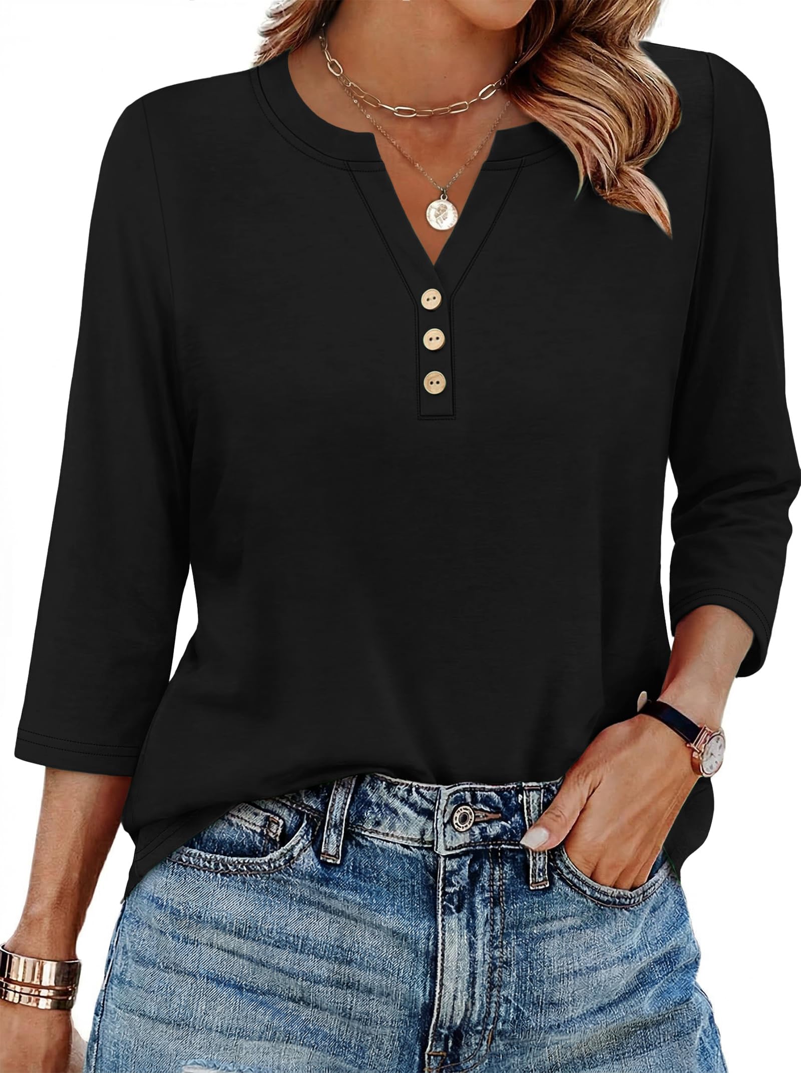XIEERDUO 3/4 Length Sleeve Womens Tops Fashion Clothing V Neck T Shirts Dressy B