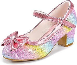 LAURMOSA Princess Shoes High Heels Toddler Girls Dress Shoes Cute Bowknot Sparkle Mary Jane Flower Girls Wedding Birthday Party Prom for Little Big Kids