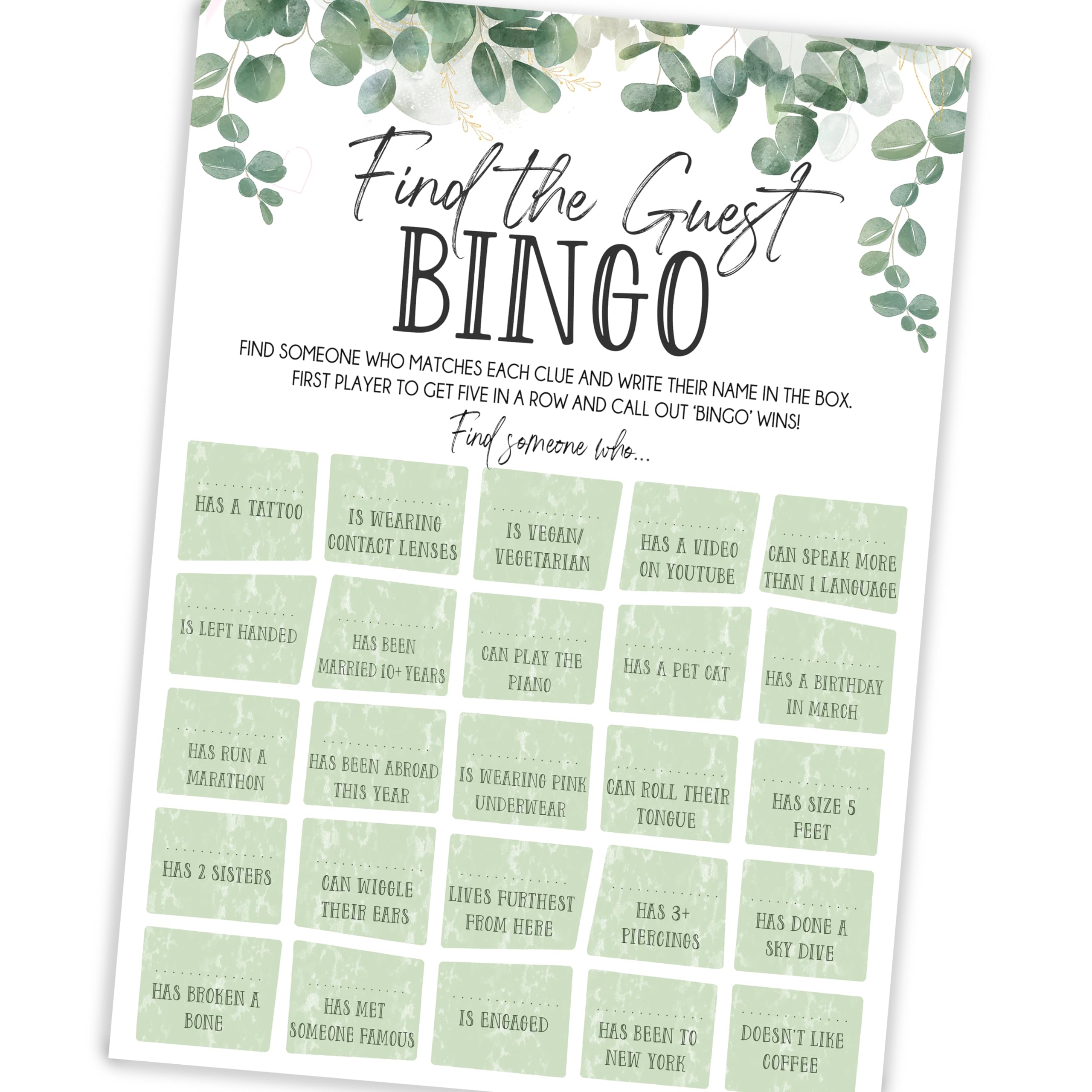Find the Guest Bingo Game – 20 A5 Wedding Icebreaker Cards, Eucalyptus | 20 A5 g