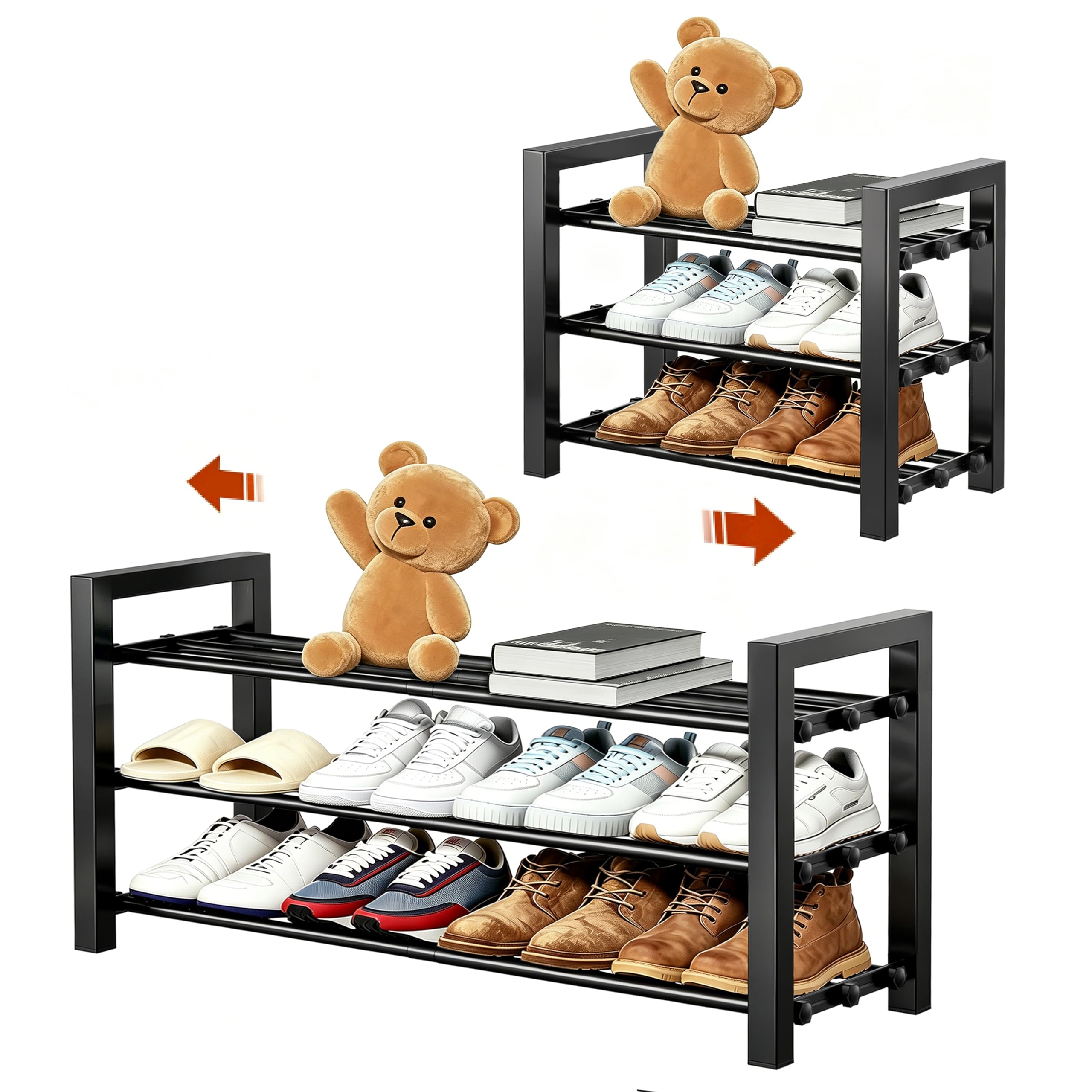 HDDTTZ Expandable Shoe Rack, Heavy Duty Metal Shoe Organizer for Closet | 3Tier 
