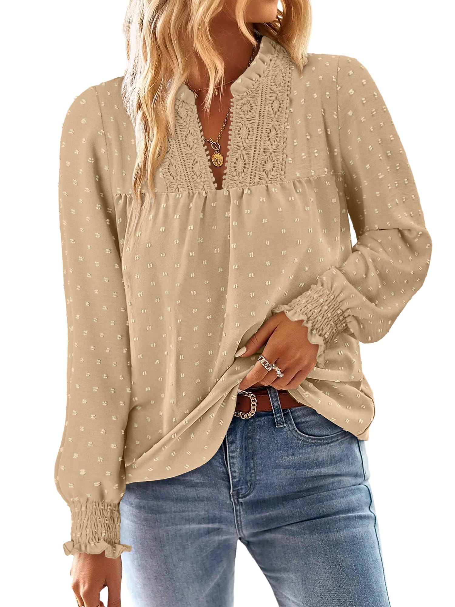 BETTE BOUTIK Women Boho Long Sleeve Shirts Dressy Casual V Neck Fall Fashion Top