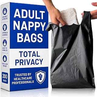 Adult Nappy Bags - 200 Pack, 20% Thicker Sacks, Easy Tie Handles, Odour Free, Discreet Black Plastic, Strong Sanitary Disposal Bag, Large Incontinence Pads