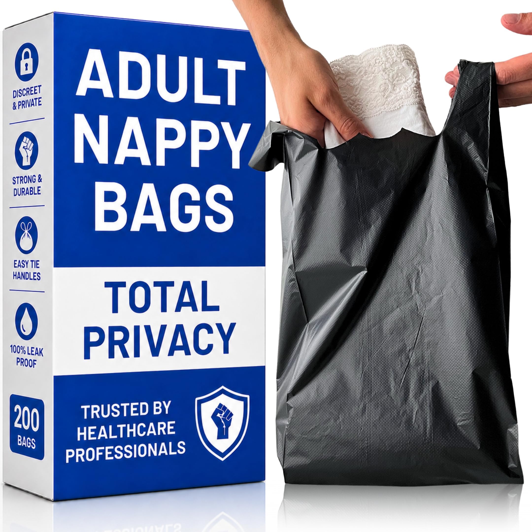 Adult Nappy Bags - 200 Pack, 20% Thicker Sacks, Easy Tie Handles, Odour Free, Di