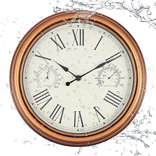 12In Outdoor Clock Red Bronze Waterproof Wall Clock with Temperature | Water Resistant Outdoor Clocks for Patio Garden