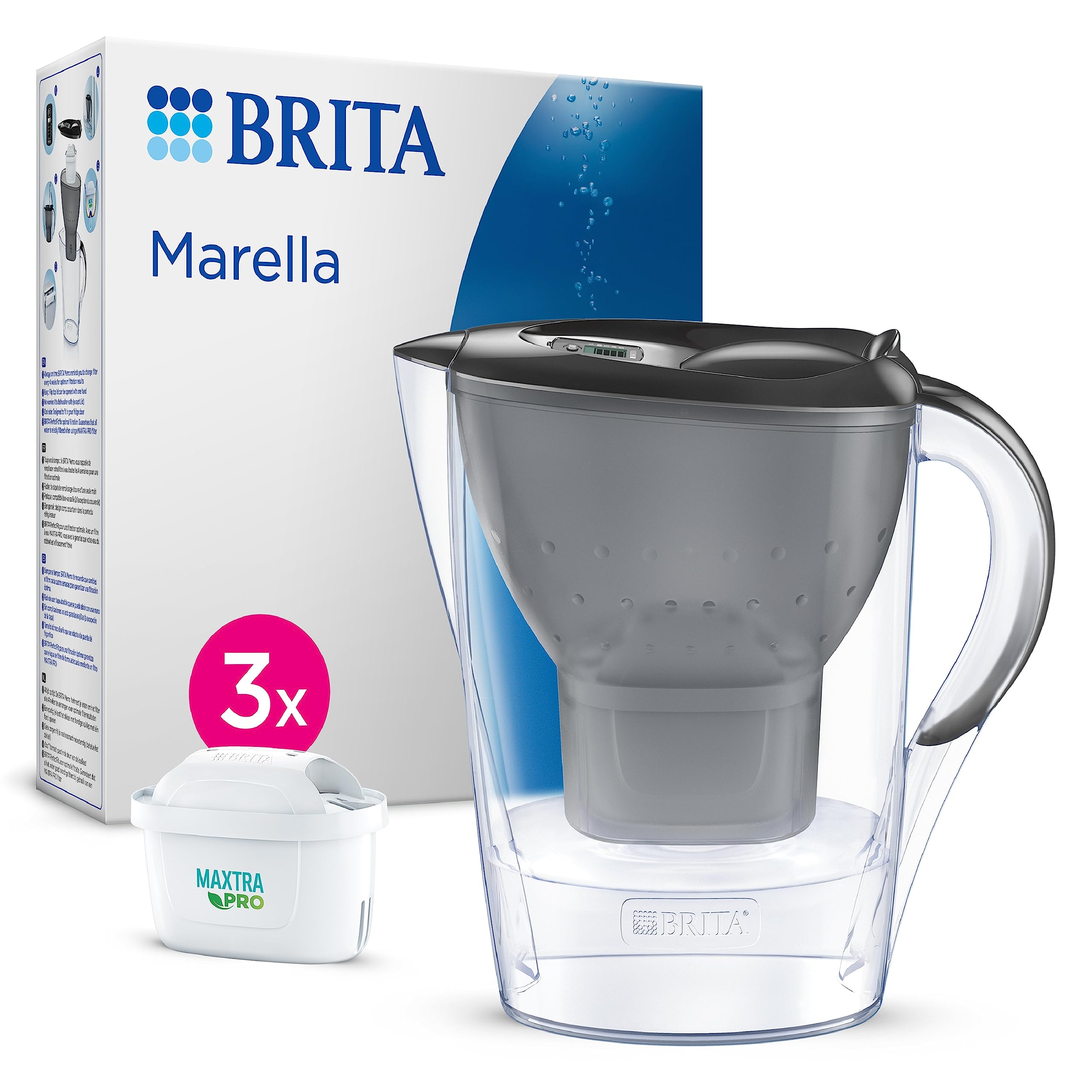 BRITA Water Filter Jug MAXTRA Marella, 3x Pure Performance cartridges | Graphite