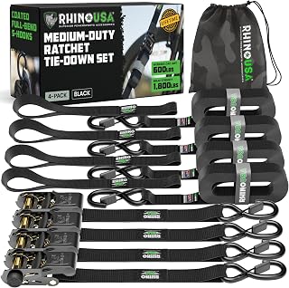 Rhino USA Ratchet Straps Tie Downs (4-Pack) - 1in x 15ft with S Hooks | 1,823lb Break Strength. Manual Ratchet w/ S Hooks &amp; Soft Loops. For Trucks, Cargo, Moving, Appliances &amp; Furniture. Black
