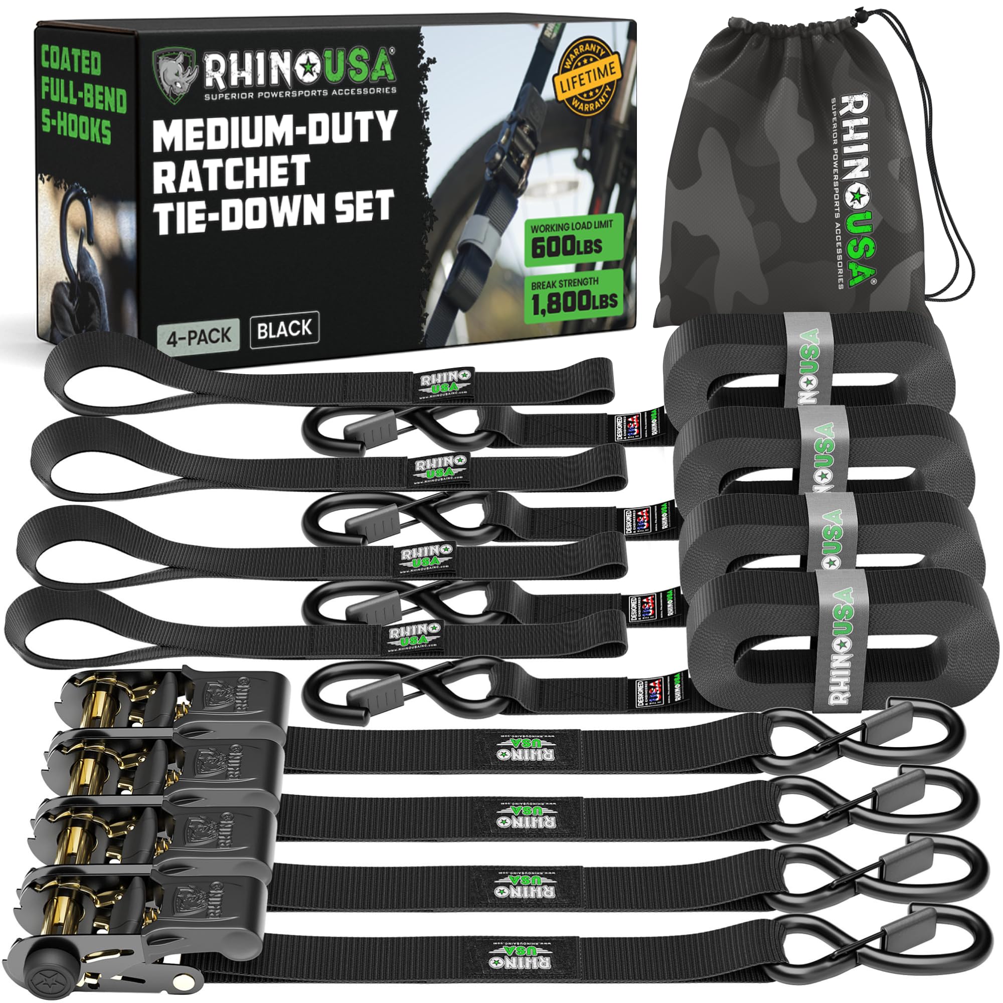 Rhino USA Ratchet Straps Tie Downs (4-Pack) - 1in x 15ft with S Hooks | 1,823lb 