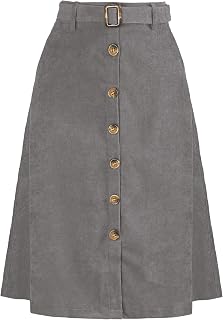 Allegra K Women's Button Front High Waist A-Line Belted Corduroy Midi Skirt