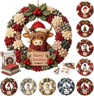 3D Fabric Poke Wreath DIY Kit Christmas Wreath No Sew (11-Highland Cow) | Creative Poke Art Kits for Adults as a Gift or for Cozy Family Craft Time