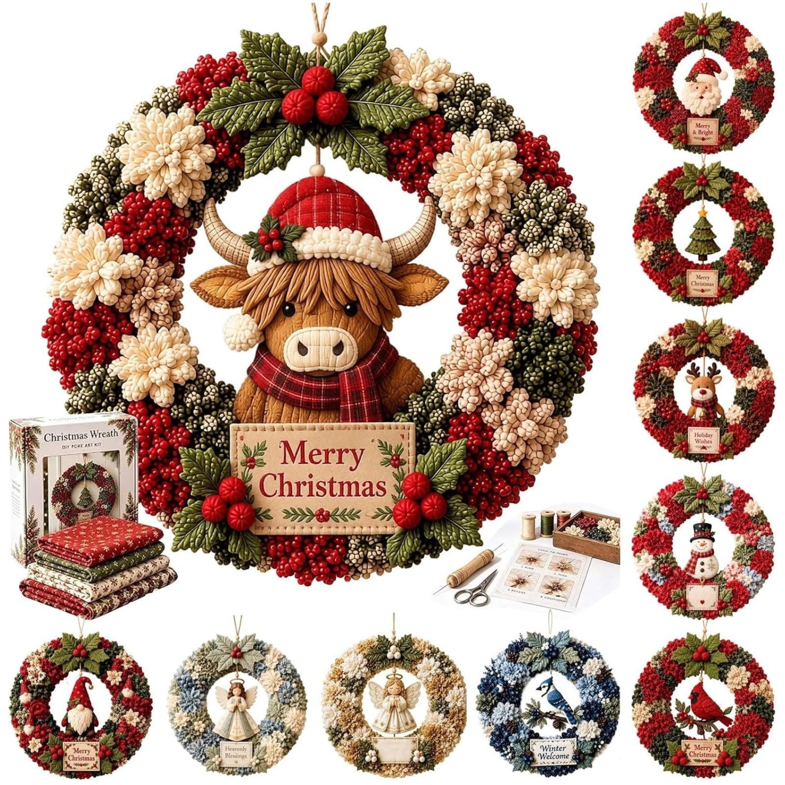 3D Fabric Poke Wreath DIY Kit Christmas Wreath No Sew (11-Highland Cow) | Creati
