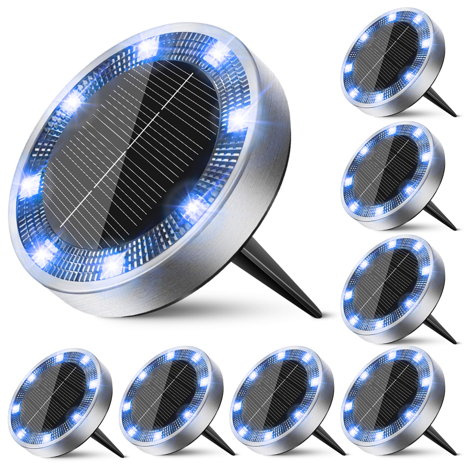 Peasur Mini Solar Ground Lights Outdoor, 8 Pack Flat Solar Powered Disc Lights, 