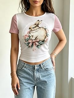 Women's Cute Bunny Floral Bow Graphic T Shirt Round Neck Color Block Short Sleeve Slim Fit T Shirt