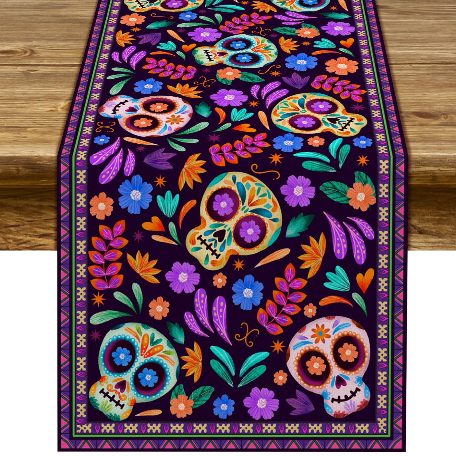 Dia De Los Muertos Table Runner Cinco de Mayo Rustic Linen Mexican Sugar Skull D