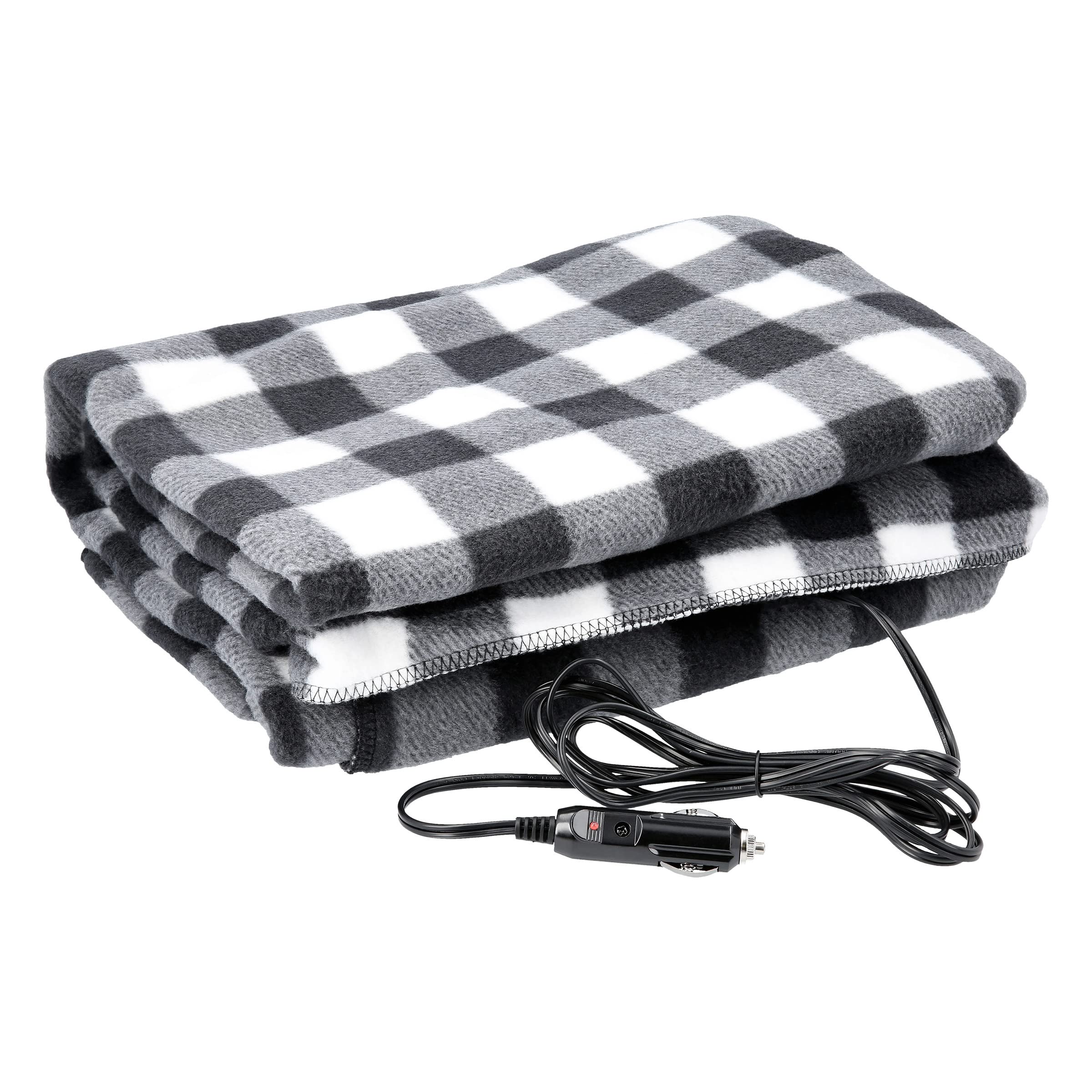 Stalwart Heated Car Blanket - Electric Travel Blanket for Car, Black Plaid | 12V