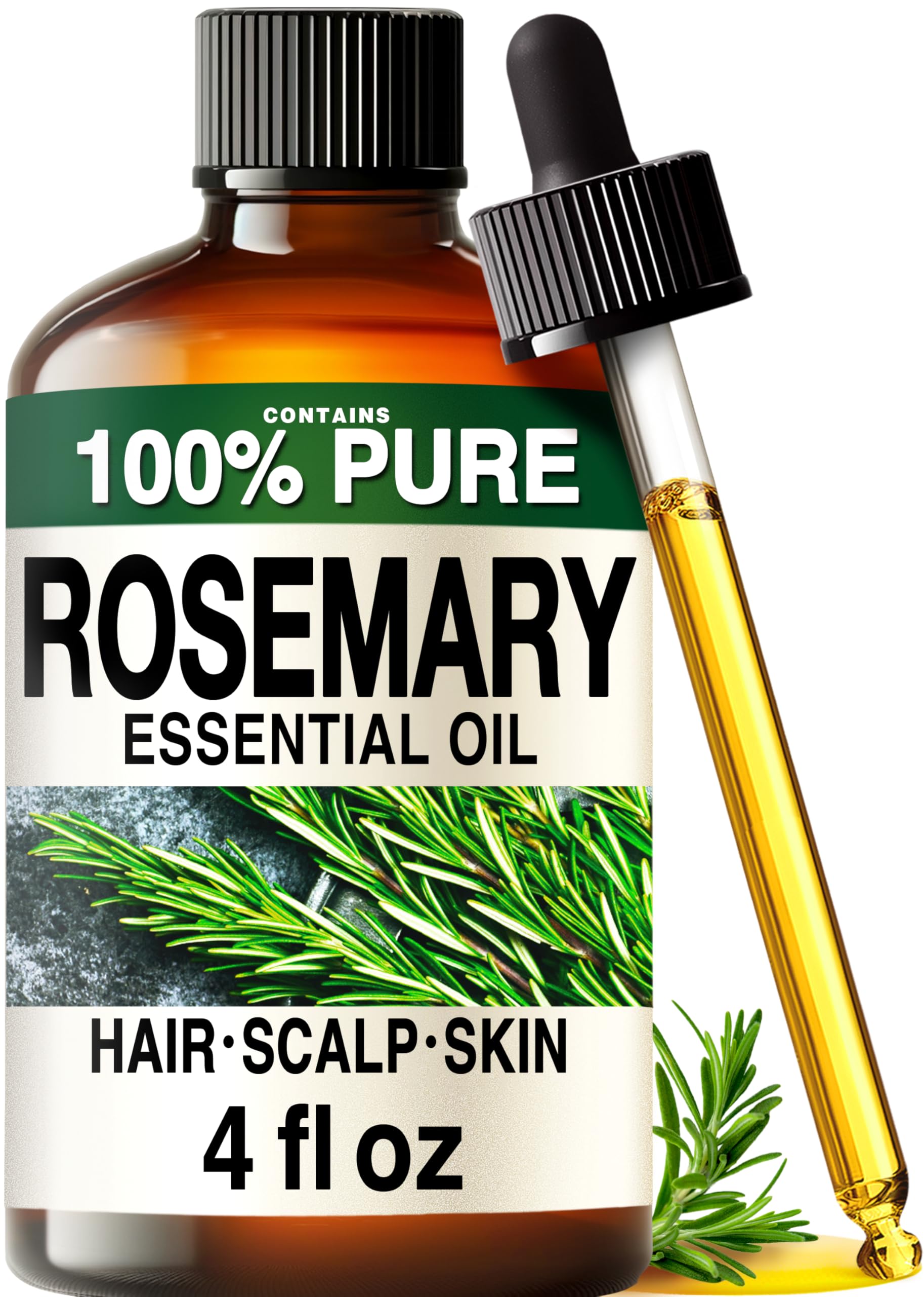 100% Pure Rosemary Essential Oil for Hair, Undiluted - 4 Fl Oz | Scalp and Skin 