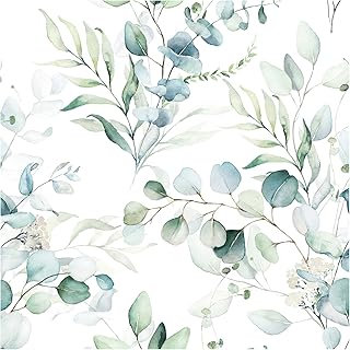 HaokHome Peel and Stick Wallpaper Sage Green Leaf Wall Paper for Bahtroom | Renter Friendly Removable Textured Contact Paper Stick on Wall Covering White Eucalyptus Floral Bedroom 44cm x 3m
